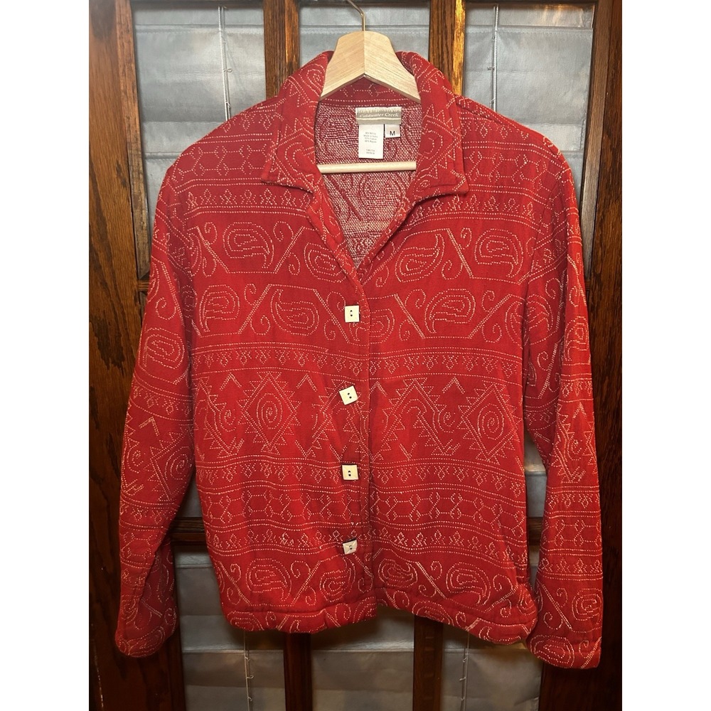 Coldwater Creek Jacket Large Cotton Blend Red‎ White Tapestry Design